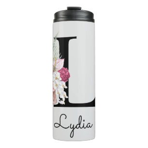 Monogram Pink Boho Girly Floral Initial L Thermal Tumbler