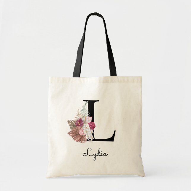 Monogram Pink Boho Girly Floral Initial L Tote Bag (Front)