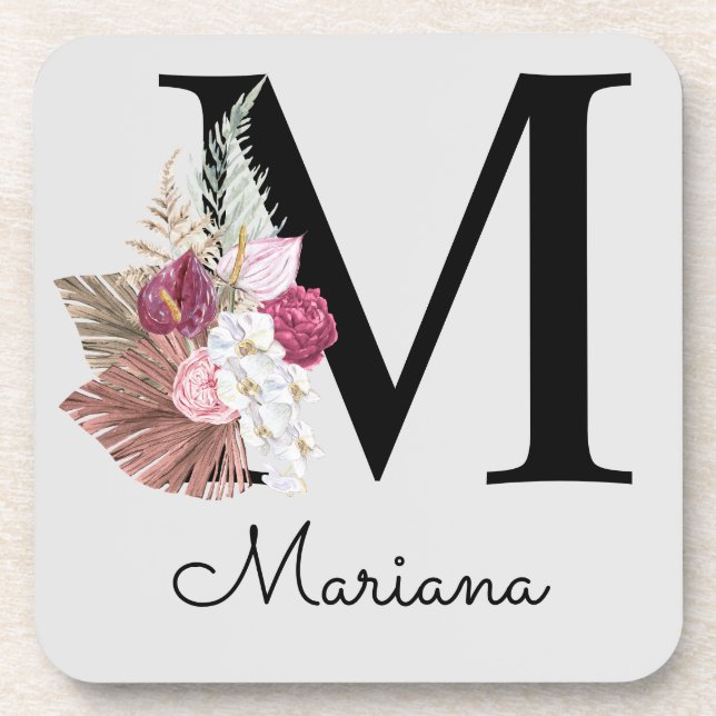 Monogram Pink Boho Girly Floral Initial M Coaster (Front)