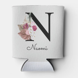 Monogram Pink Boho Girly Floral Initial N Can Cooler