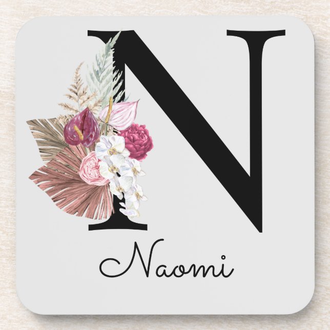 Monogram Pink Boho Girly Floral Initial N Coaster (Front)