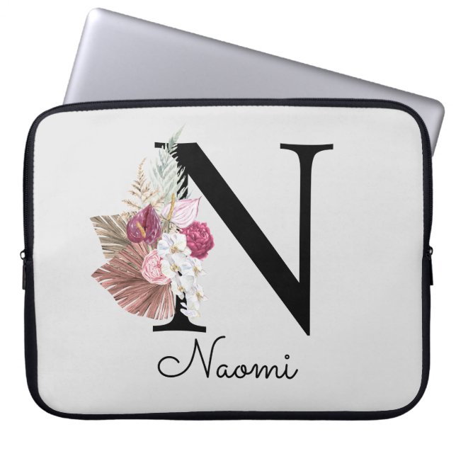 Monogram Pink Boho Girly Floral Initial N Laptop Sleeve (Front)