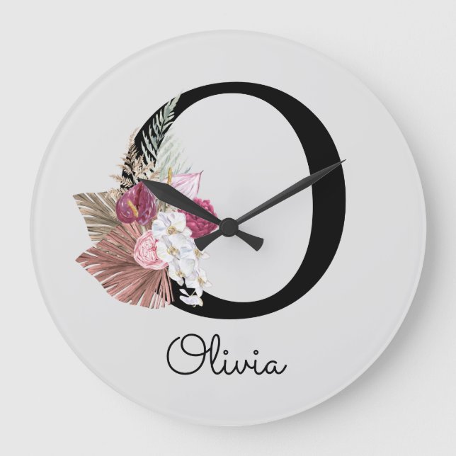 Monogram Pink Boho Girly Floral Initial O Large Clock (Front)