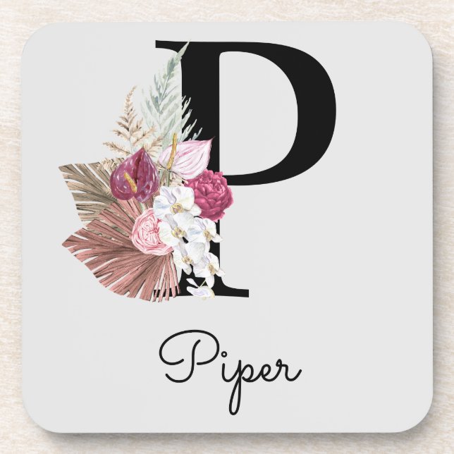 Monogram Pink Boho Girly Floral Initial P Coaster (Front)