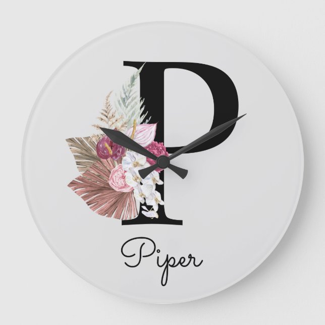 Monogram Pink Boho Girly Floral Initial P Large Clock (Front)