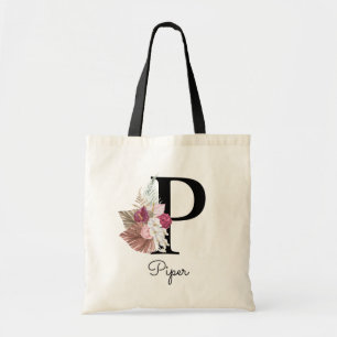 Monogram Pink Boho Girly Floral Initial P Tote Bag