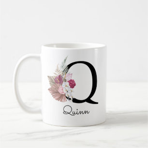 Monogram Pink Boho Girly Floral Initial Q Coffee Mug