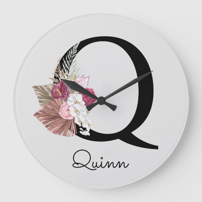 Monogram Pink Boho Girly Floral Initial Q Large Clock (Front)