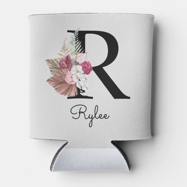 Monogram Pink Boho Girly Floral Initial R Can Cooler (Front)