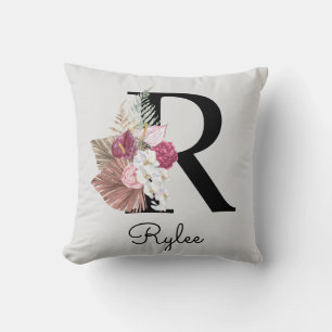 Monogram Pink Boho Girly Floral Initial R Cushion