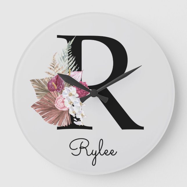 Monogram Pink Boho Girly Floral Initial R Large Clock (Front)