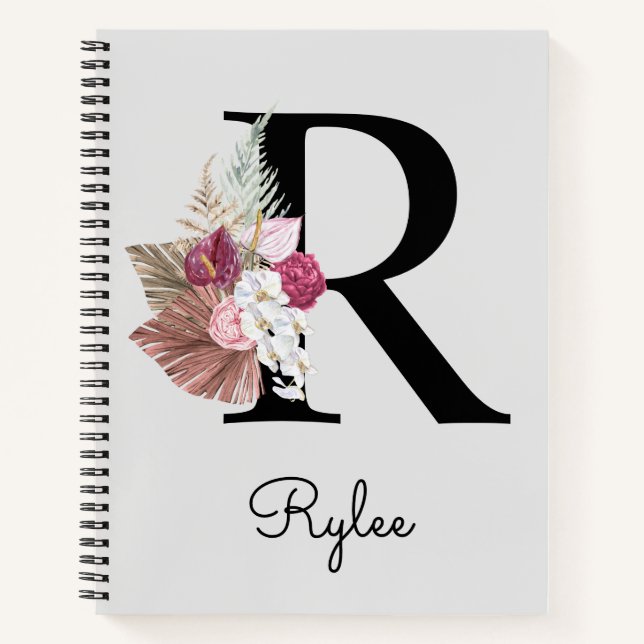 Monogram Pink Boho Girly Floral Initial R Notebook (Front)