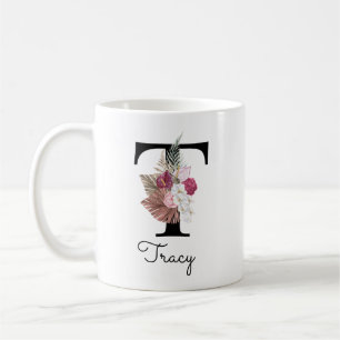 Monogram Pink Boho Girly Floral Initial T Coffee Mug