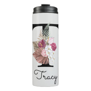 Monogram Pink Boho Girly Floral Initial T Thermal Tumbler