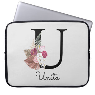 Monogram Pink Boho Girly Floral Initial U Laptop Sleeve