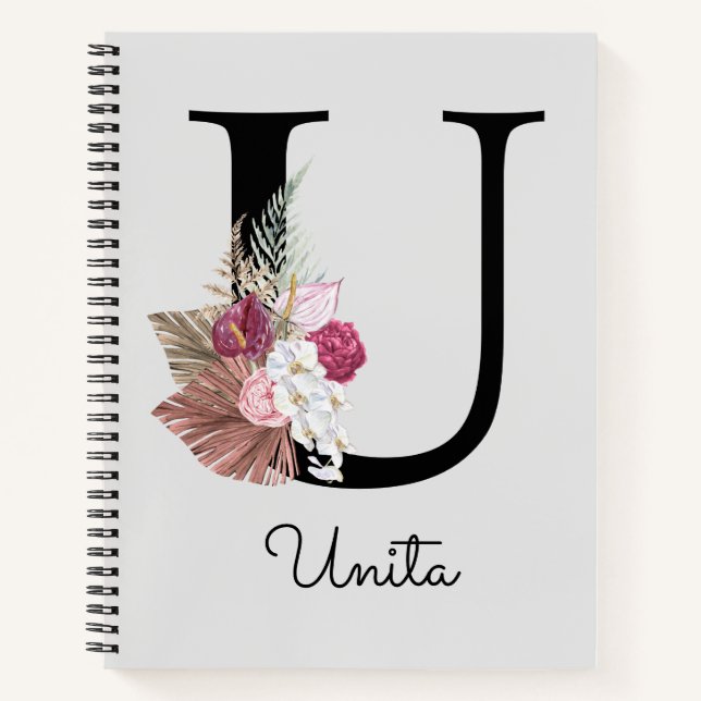 Monogram Pink Boho Girly Floral Initial U Notebook (Front)