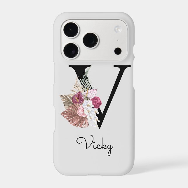 Monogram Pink Boho Girly Floral Initial V (Back)