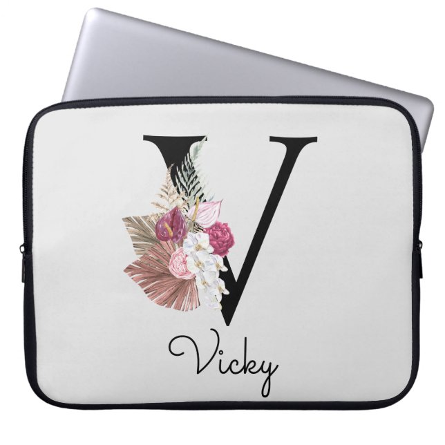 Monogram Pink Boho Girly Floral Initial V Laptop Sleeve (Front)