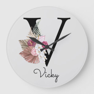 Monogram Pink Boho Girly Floral Initial V Large Clock