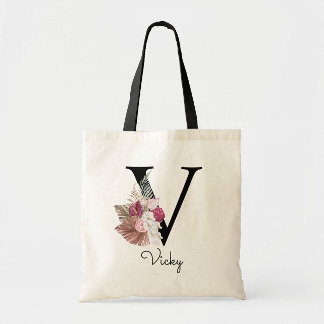 Monogram Pink Boho Girly Floral Initial V Tote Bag (Front)