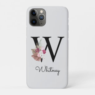 Monogram Pink Boho Girly Floral Initial W iPhone 11 Pro Case