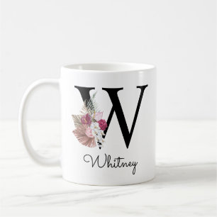 Monogram Pink Boho Girly Floral Initial W Coffee M Mug