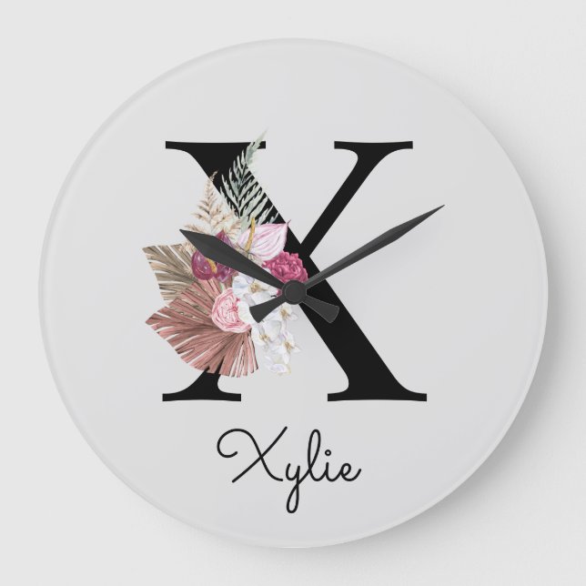 Monogram Pink Boho Girly Floral Initial X Large Clock (Front)