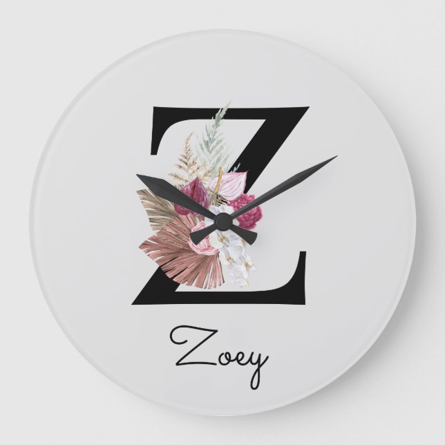 Monogram Pink Boho Girly Floral Initial Z Large Clock (Front)