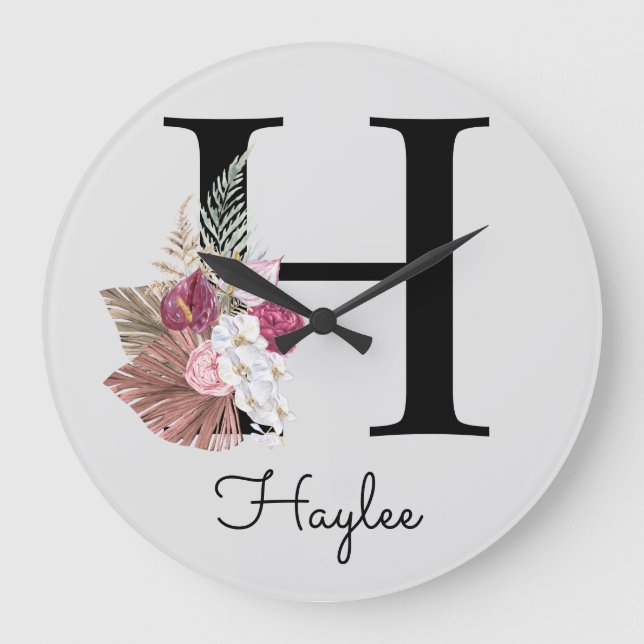 Monogram Pink Boho Initial H Large Cl Large Clock (Front)