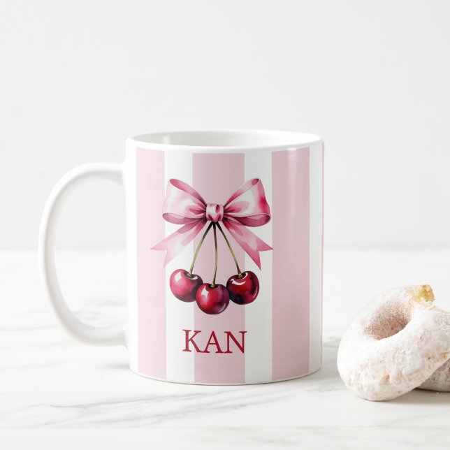 Monogram Pink Bow Cherries Coquette Aesthetic Coffee Mug (With Donut)