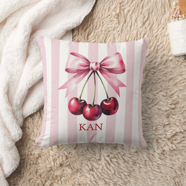 Monogram Pink Bow Cherries Coquette Aesthetic Cushion (Blanket)