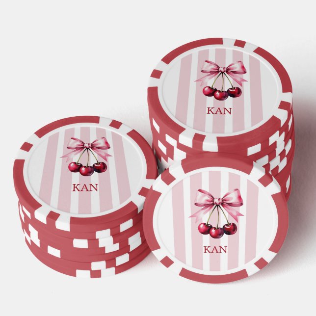 Monogram Pink Bow Cherries Coquette Aesthetic Poker Chips (Stack)
