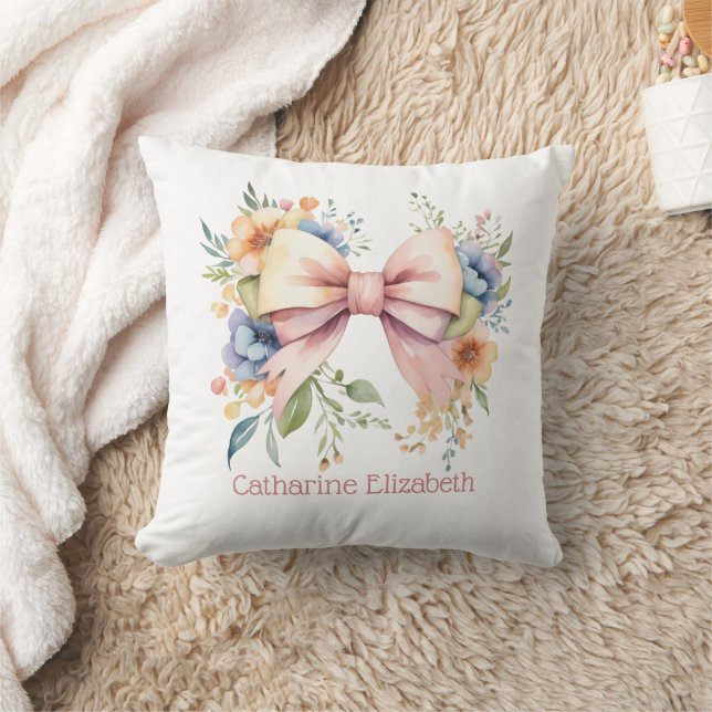 Monogram Pink Bow Coquette Watercolor Florals  Cushion (Blanket)