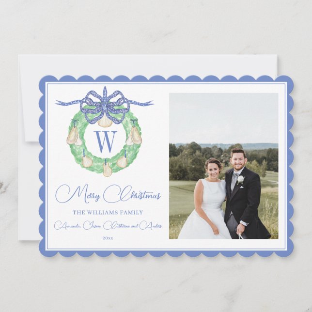 Monogram Pink Bow Greenery Christmas Photo Holiday Card (Front)