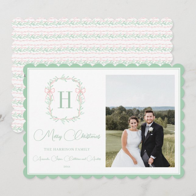 Monogram Pink Bow Greenery Christmas Photo Holiday Card (Front/Back)