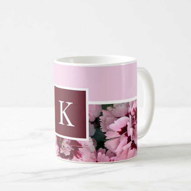 Monogram Pink Carnation January Birth Month Coffee Mug (Front Right)