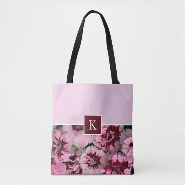 Monogram Pink Carnation January Birthday Flower Tote Bag (Front)
