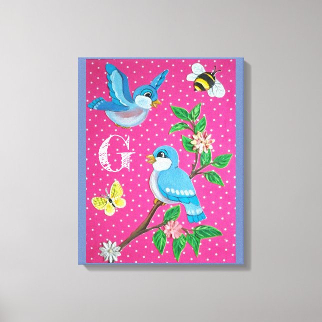 Monogram Pink Cheerful Bluebird Collage Vintage  Canvas Print (Front)
