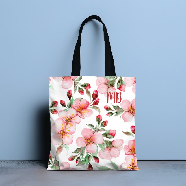 Monogram Pink Cherry Blossom Watercolor Floral Tote Bag (Creator Uploaded)