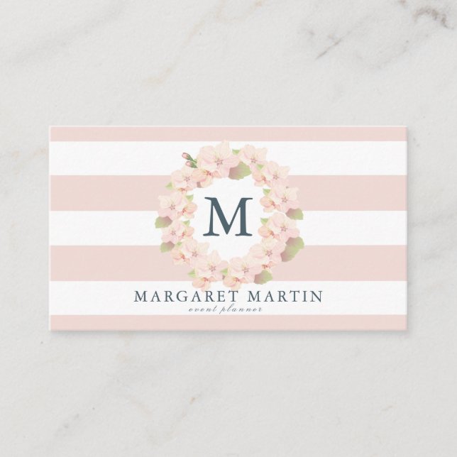 Monogram Pink Cherry Blossom Wreath Business Card (Front)
