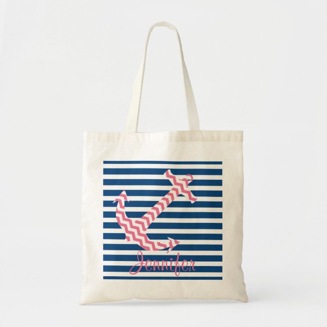 Monogram Pink Chevron Anchor Custom Tote Bag (Front)