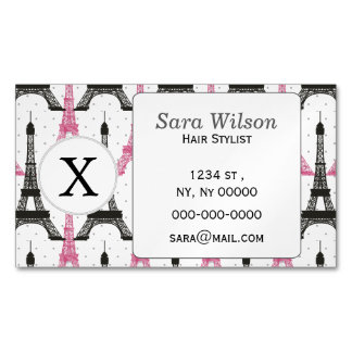Monogram Pink Chic Eiffel Tower Pattern Magnetic Business Card