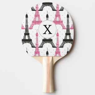 Monogram Pink Chic Eiffel Tower Pattern Ping Pong Paddle