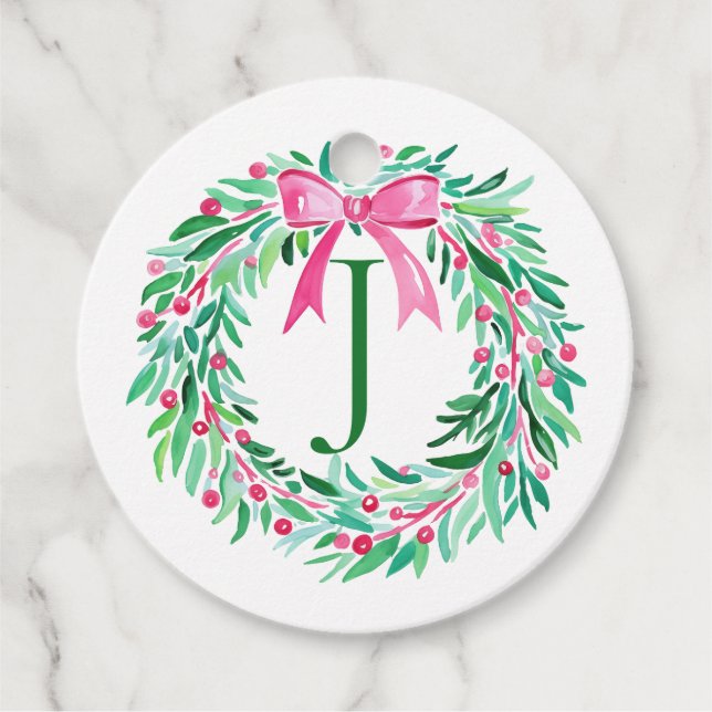 Monogram Pink Christmas Wreath Gift Tag (Front)