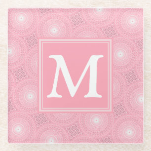 Monogram pink circles pattern glass coaster