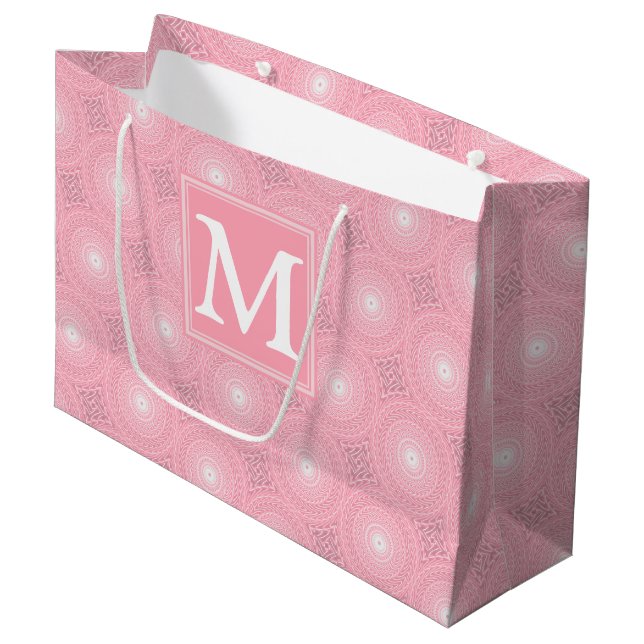 Monogram pink circles pattern large gift bag (Front Angled)