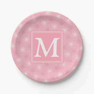 Monogram pink circles pattern paper plate