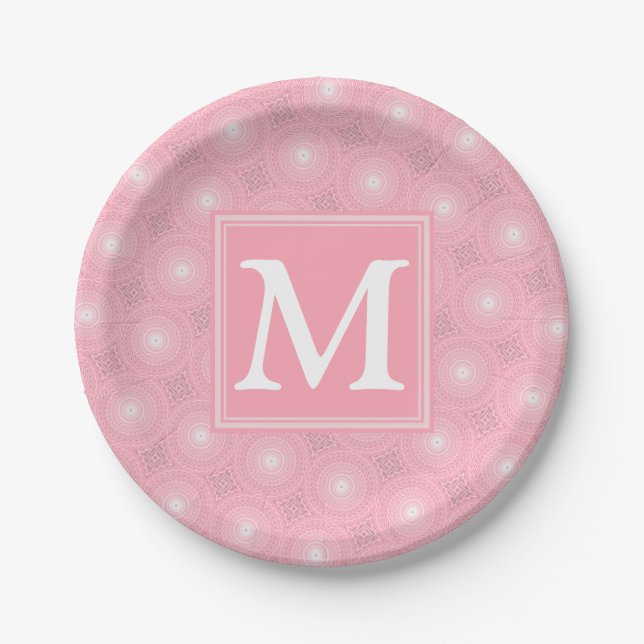 Monogram pink circles pattern paper plate (Front)