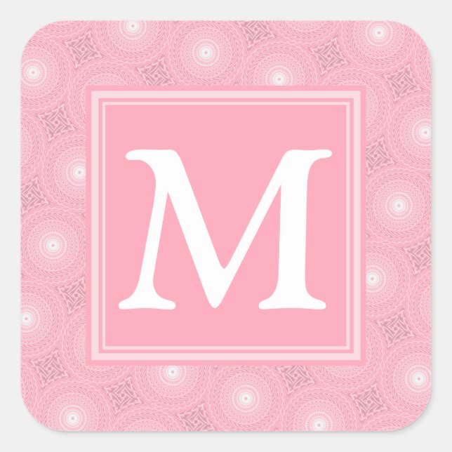 Monogram pink circles pattern square sticker (Front)