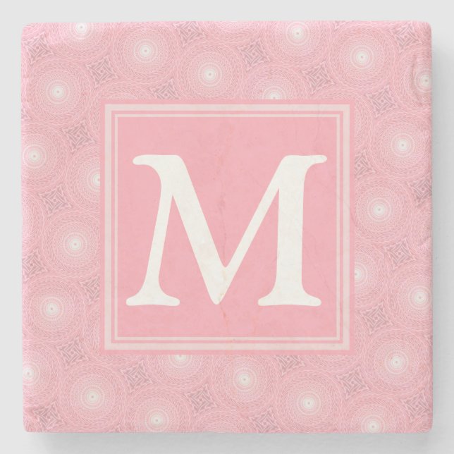 Monogram pink circles pattern stone coaster (Front)